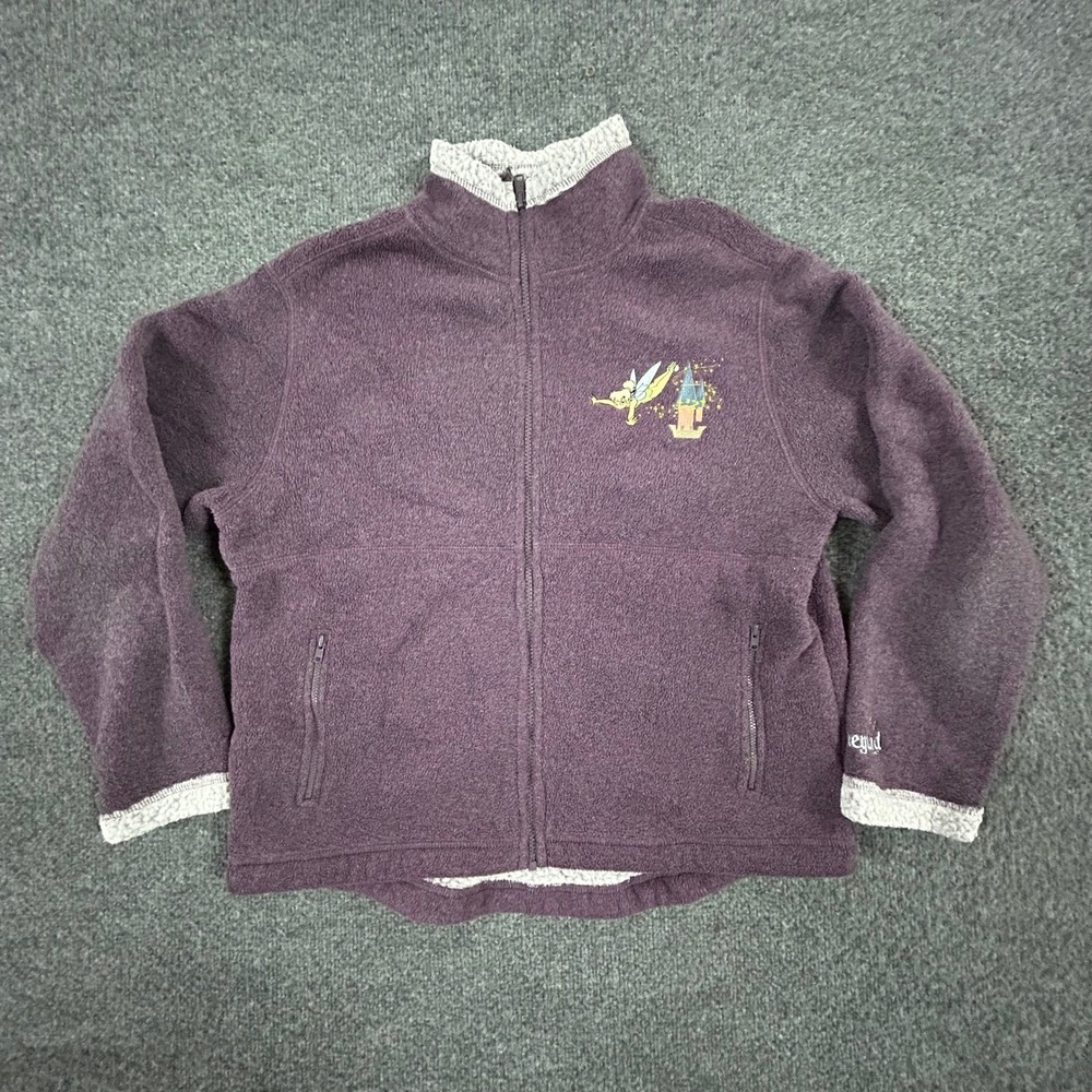 Disneyland Fleece Jacket Womens Size M Purple Tinkerbell Sherpa Trim Zip Up